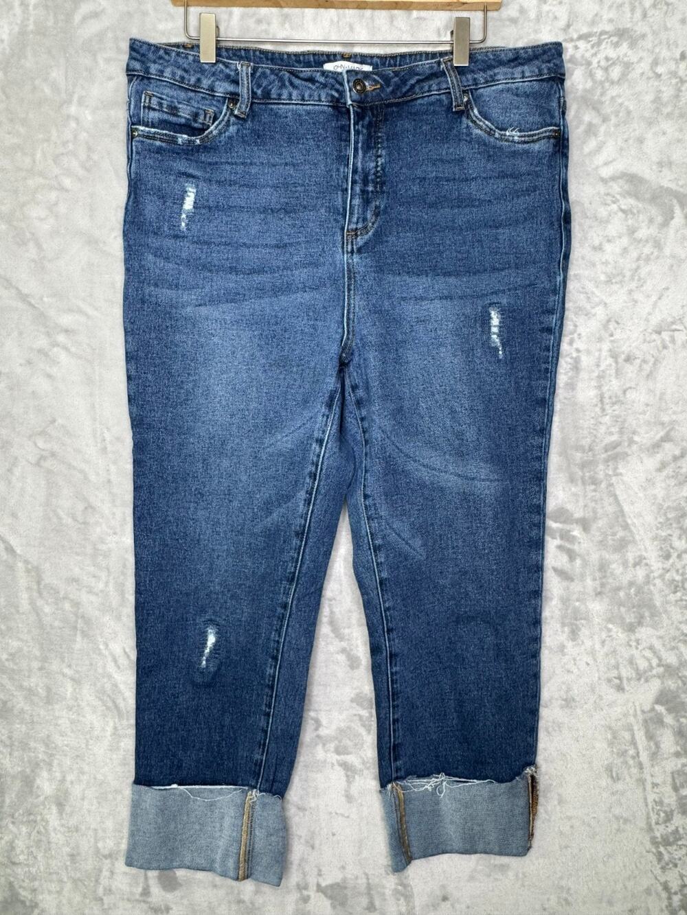 John Mark Crop Jeans Womens 16W Blue Distressed Cuffed Stretch High Rise Plus